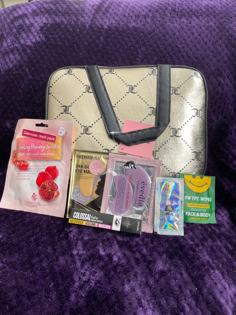 Juicy Couture Travel Cosmetic Bag & Bottle With Mascara,Eye & Face Items NEW